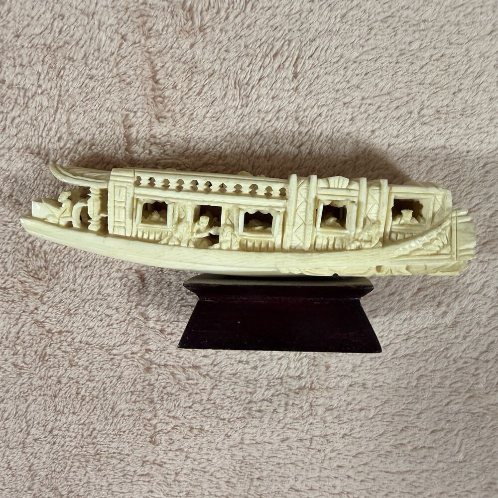Chinese Carved Bovine Junk Boat Sculpture 19th C Antique Wood Base W Doors